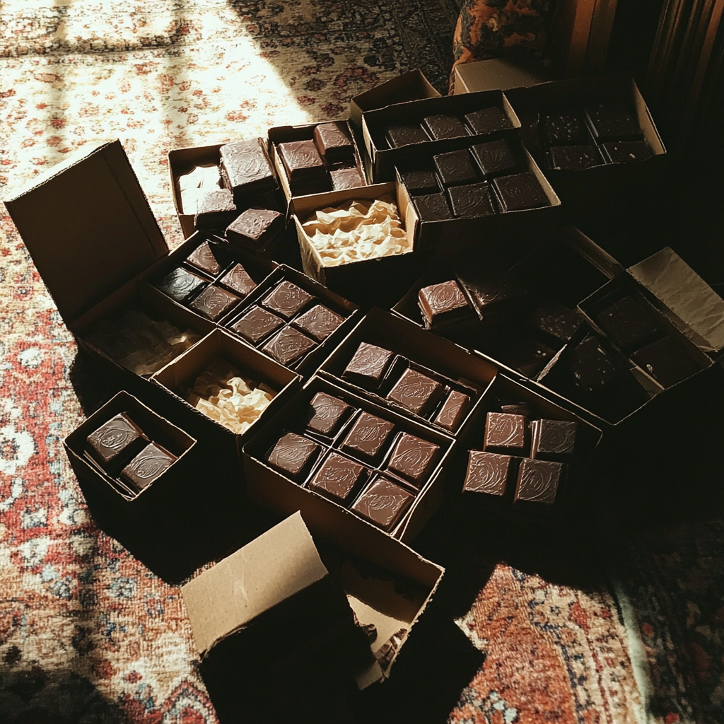 Boîtes de chocolat sur un tapis | Source : Midjourney