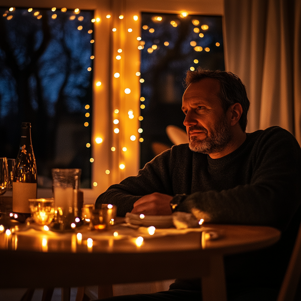 Un homme sérieux à table | Source : Midjourney