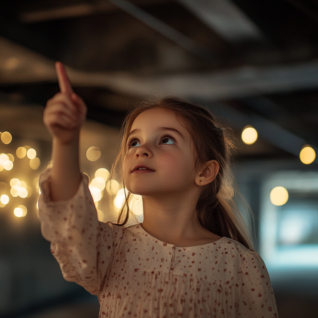 Petite fille pointant du doigt le plafond | Source : Midjourney