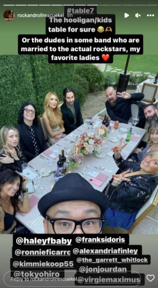 Quelques-uns des invités présents au mariage de Wolfgang Van Halen, postés sur Instagram Stories le 16 octobre 2023 | Source : Instagram/rockandrollrescuekel