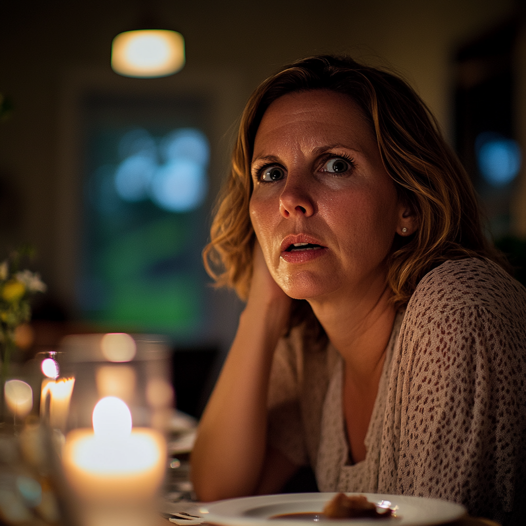 Une femme surprise assise à la table du dîner | Source : Midjourney