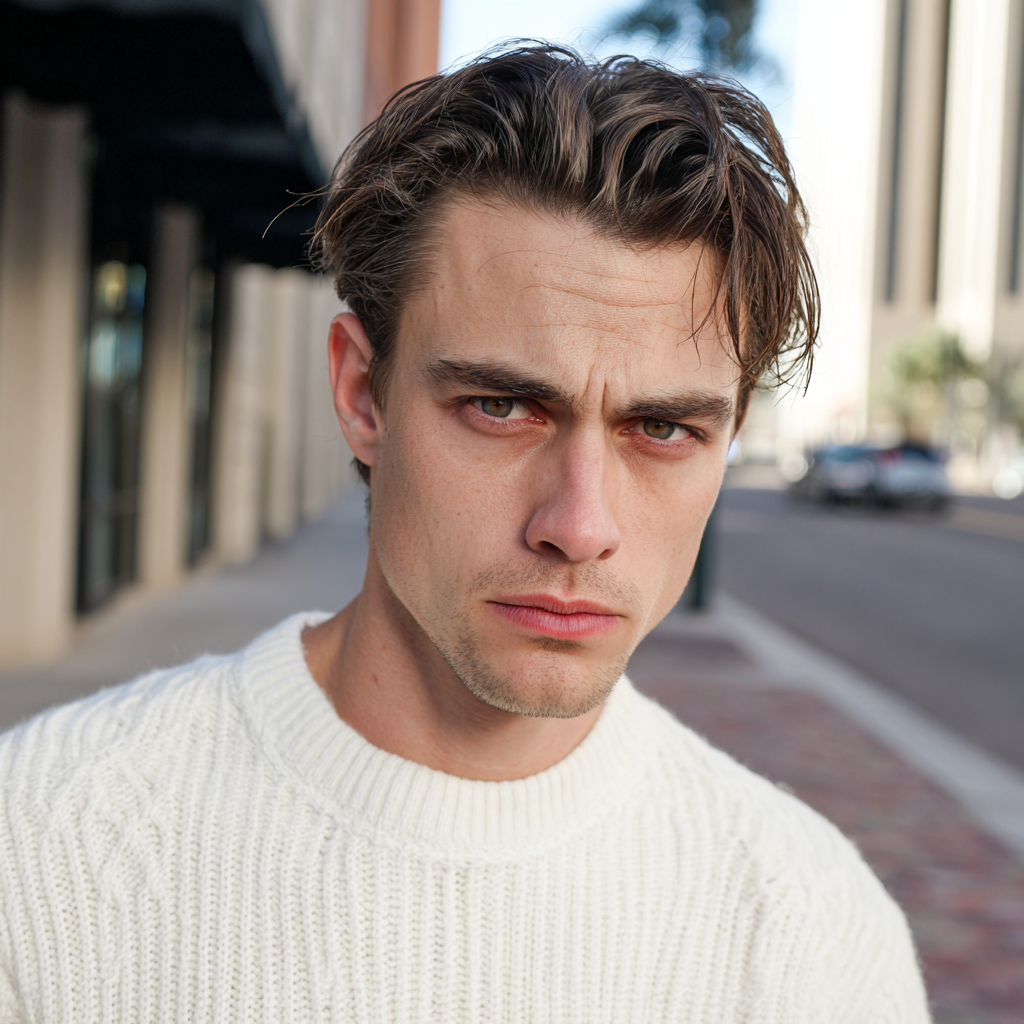 Un homme en colère et renfrogné portant un pull blanc | Source : Midjourney