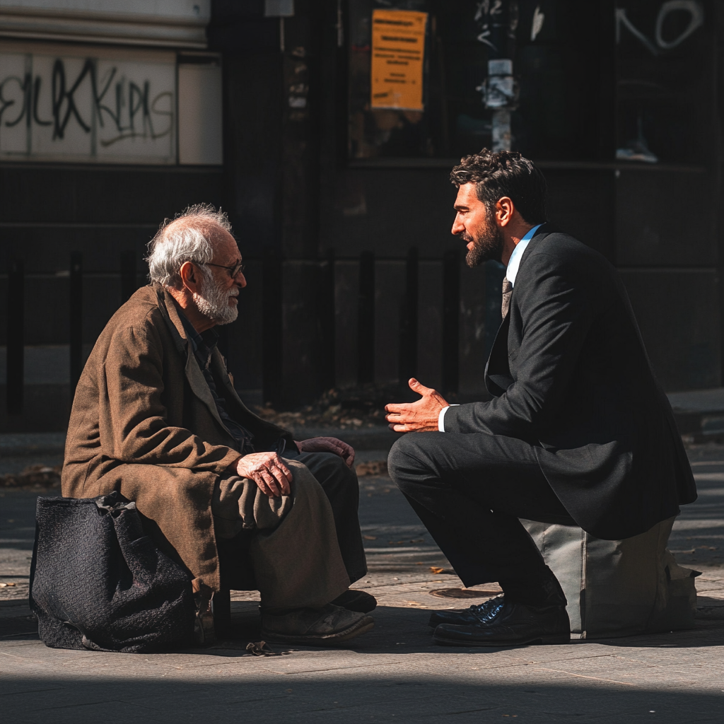 Un homme d'affaires prospère parle à un sans-abri dans la rue | Source : Midjourney