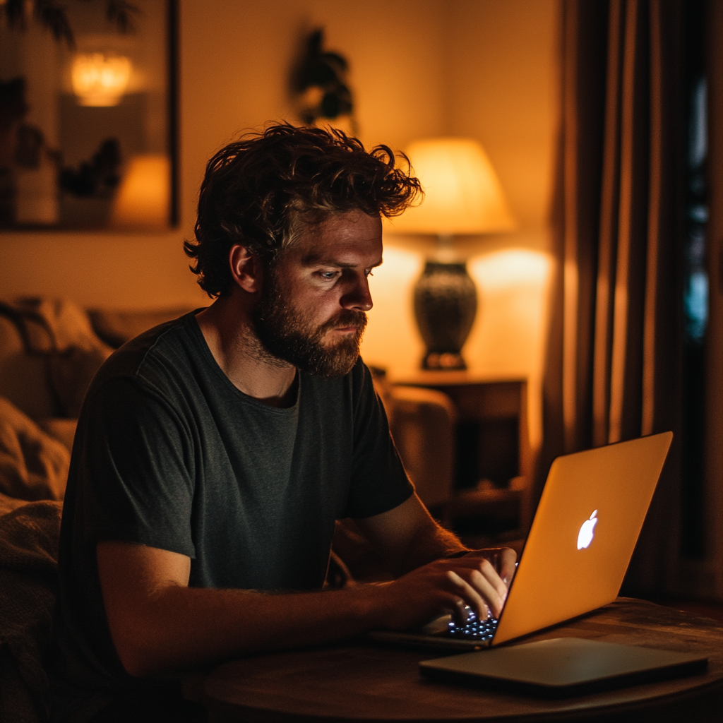 Un homme sérieux qui regarde son ordinateur portable | Source : Midjourney