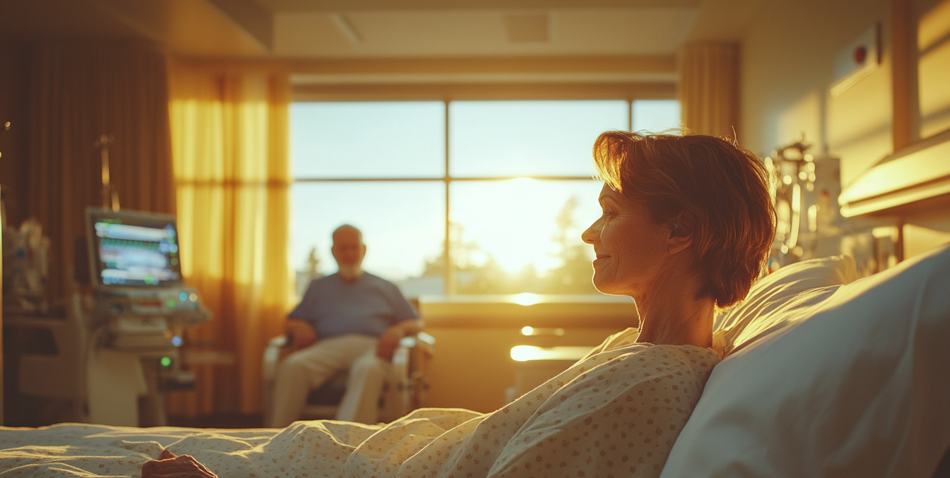 Sick woman in bed with her husband sitting in the background | Source: Midjourney