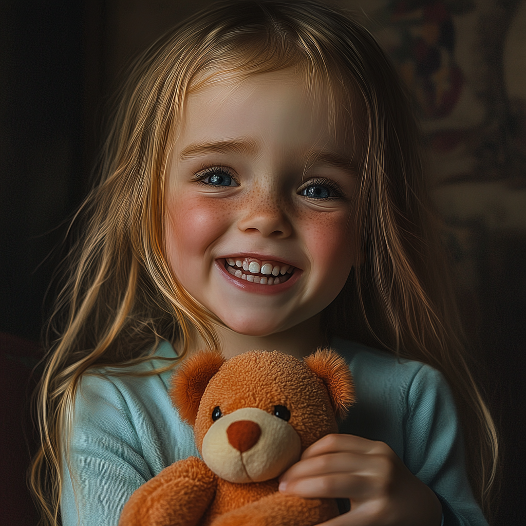 Une petite fille heureuse tenant un ours en peluche | Source : Midjourney