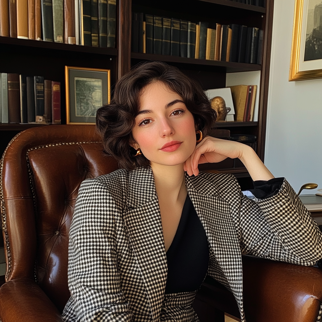 Une jeune femme assise dans un bureau | Source : Midjourney