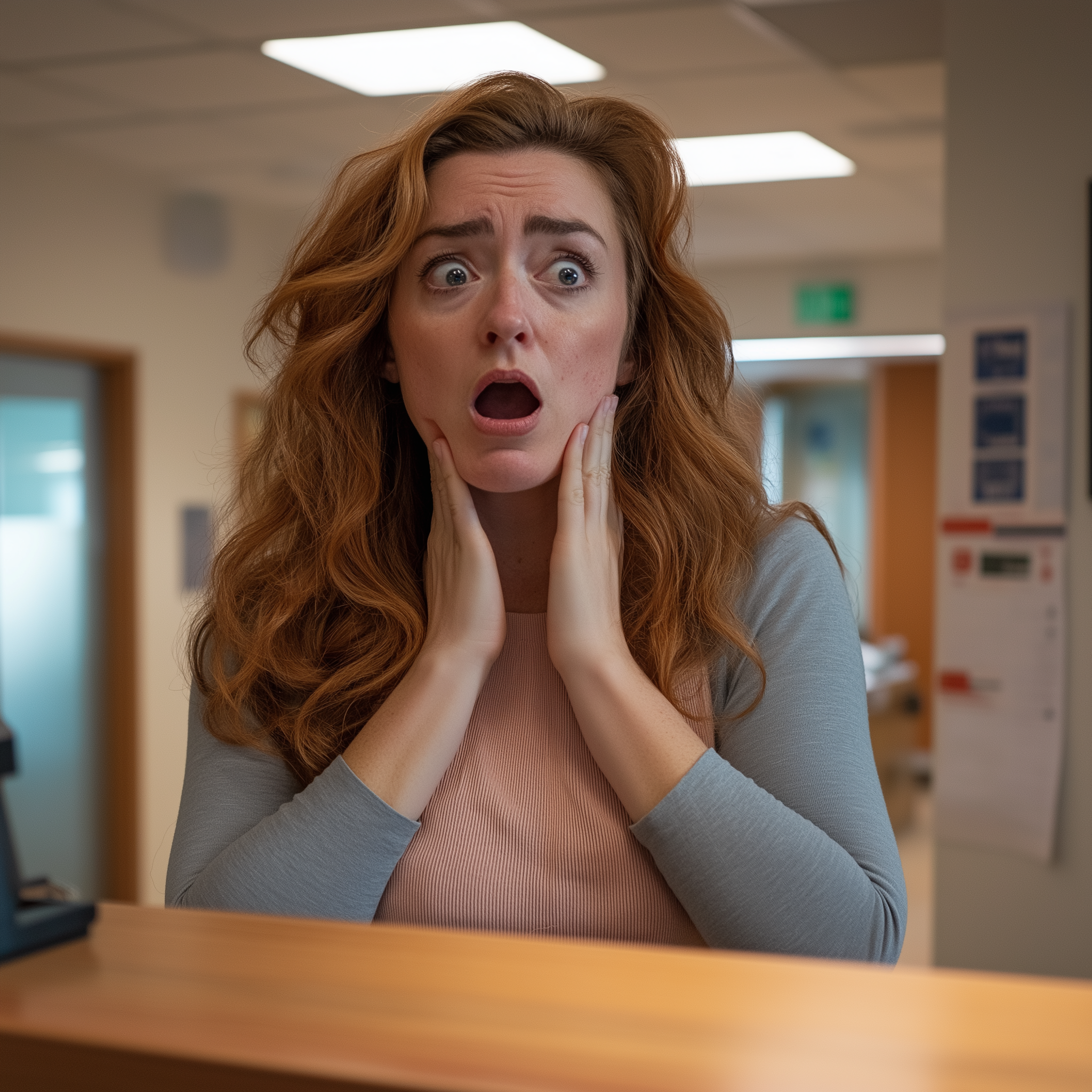 A shocked woman standing next to a hospital reception | Source: Midjourney