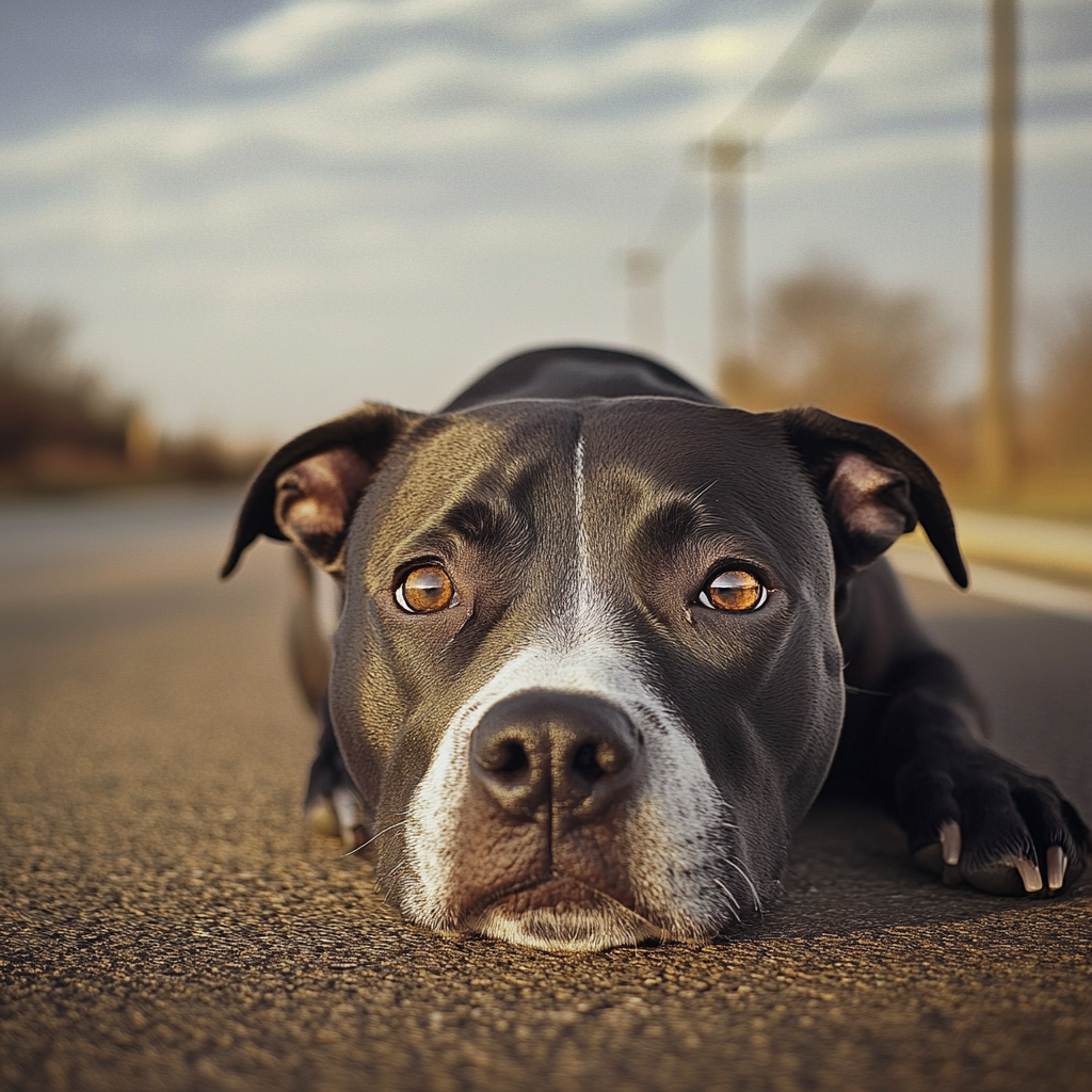 Un Pitbull triste couché sur la route par une journée caniculaire | Source : Midjourney