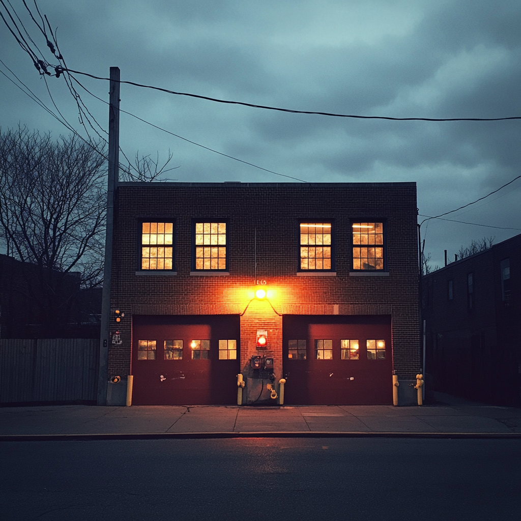 L'extérieur d'une caserne de pompiers | Source : Midjourney