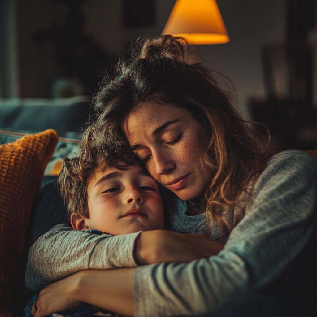 Mère serrant son fils dans ses bras | Source : Midjourney