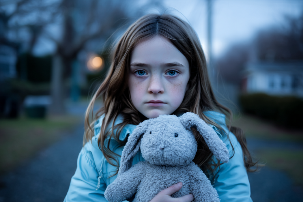 Une fille triste tenant un lapin en peluche | Source : Midjourney