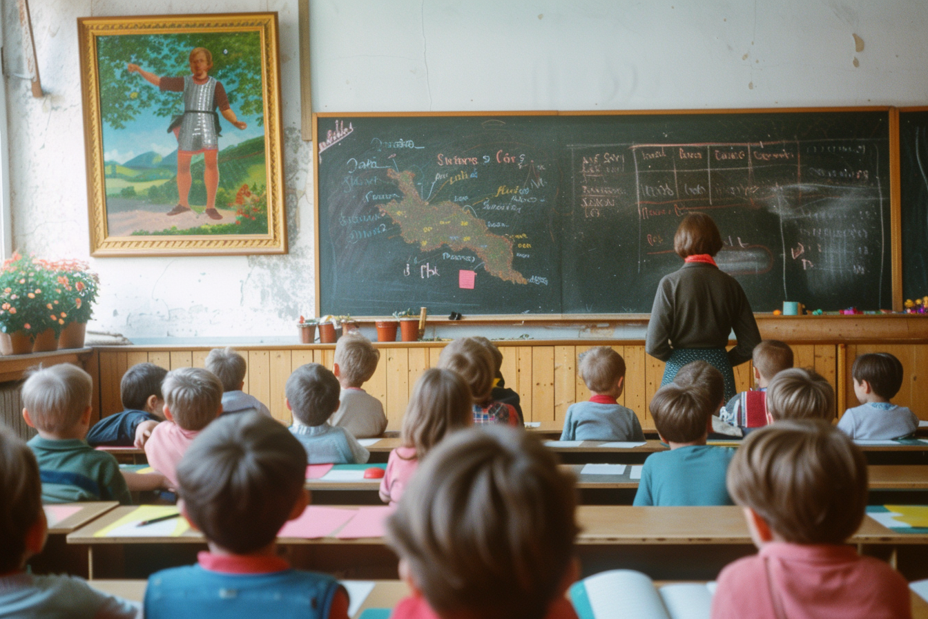 Enfants assis dans une salle de classe | Source : Midjourney