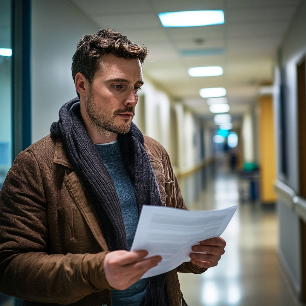 Un homme debout dans un couloir d'hôpital regarde un rapport de test ADN | Source : Midjourney