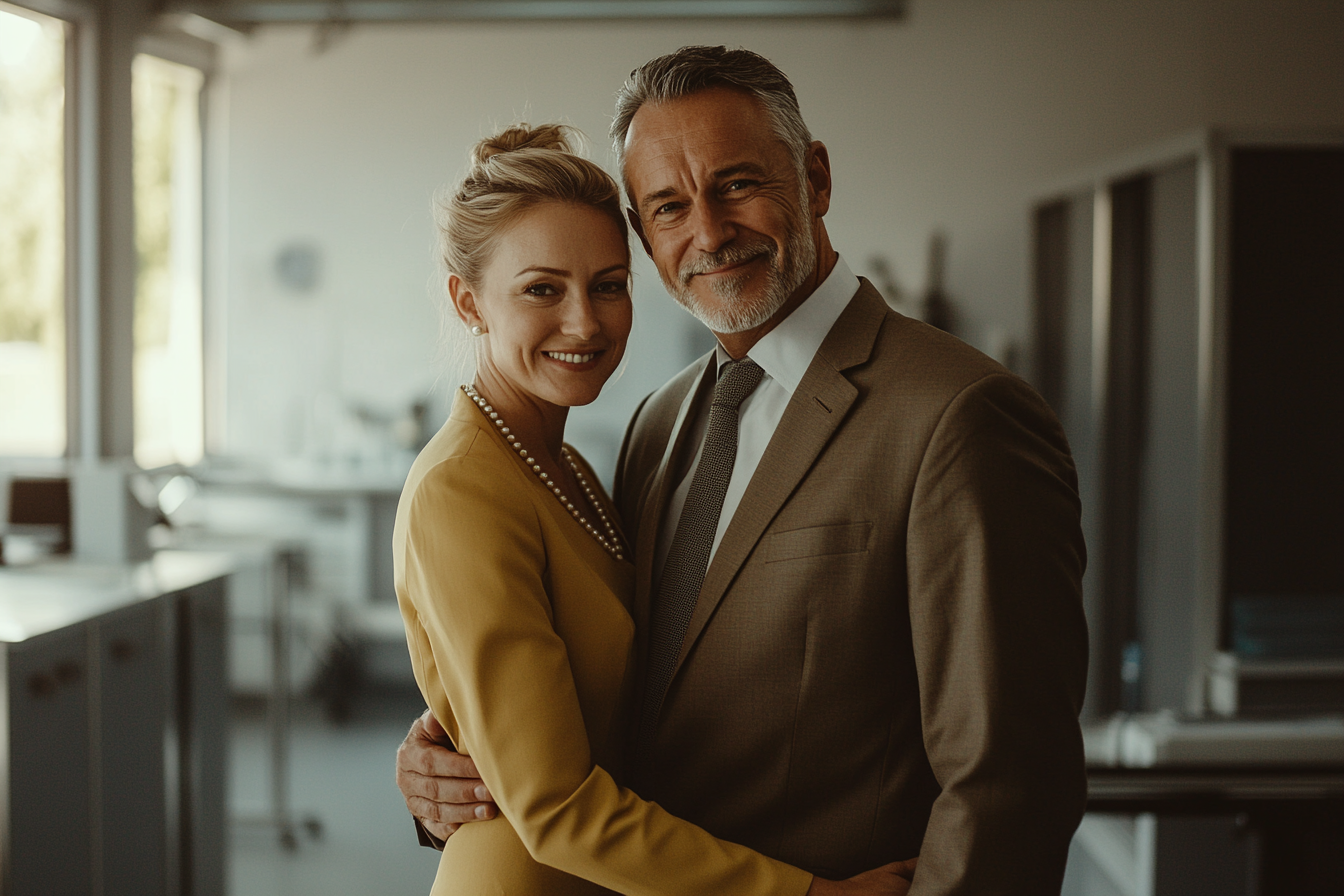 Un couple de sexagénaires se serrant dans les bras, souriant fièrement, debout dans une clinique vétérinaire | Source : Midjourney