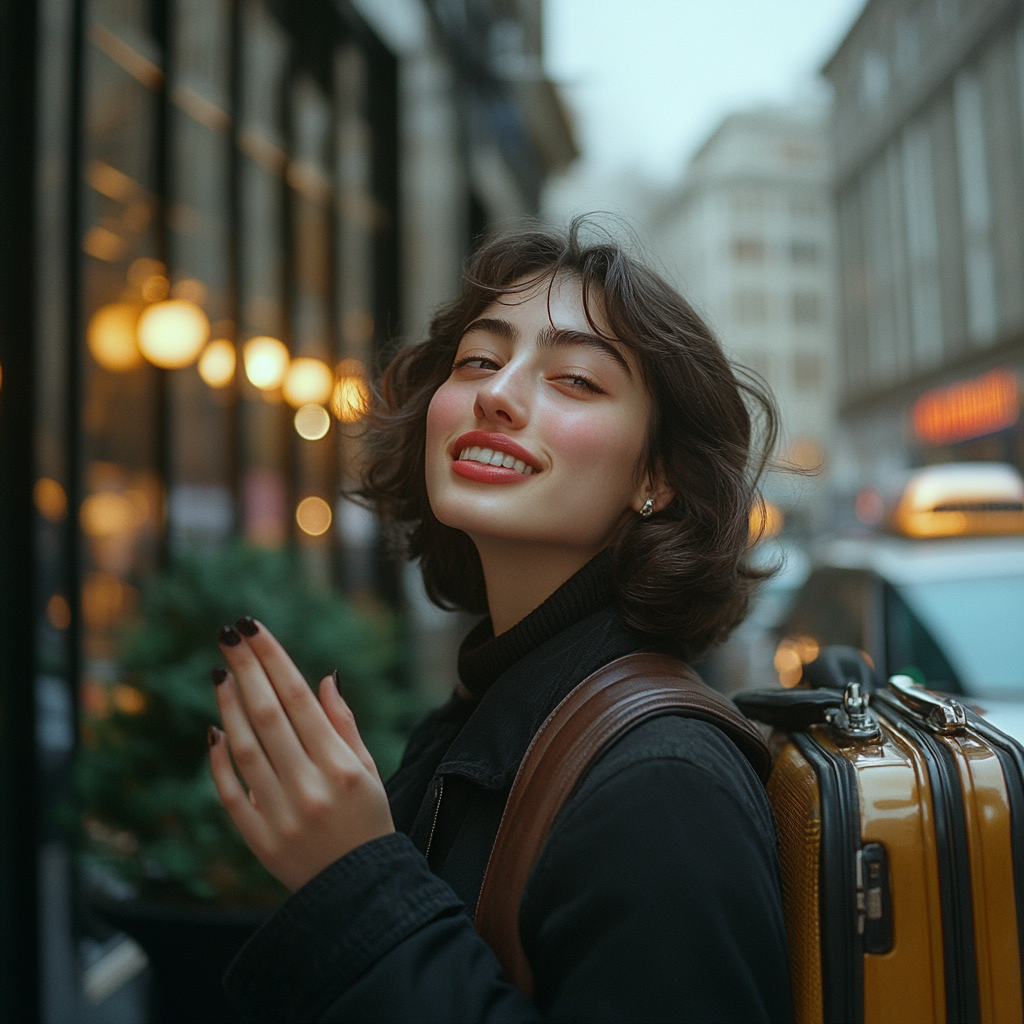 Sarah hèle joyeusement un taxi alors qu'elle laisse son ancienne vie derrière elle | Source : Midjourney