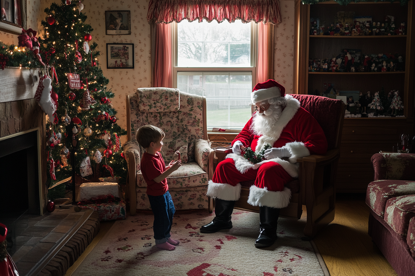 Père Noël assis dans un salon, jouant avec un garçon | Source : Midjourney