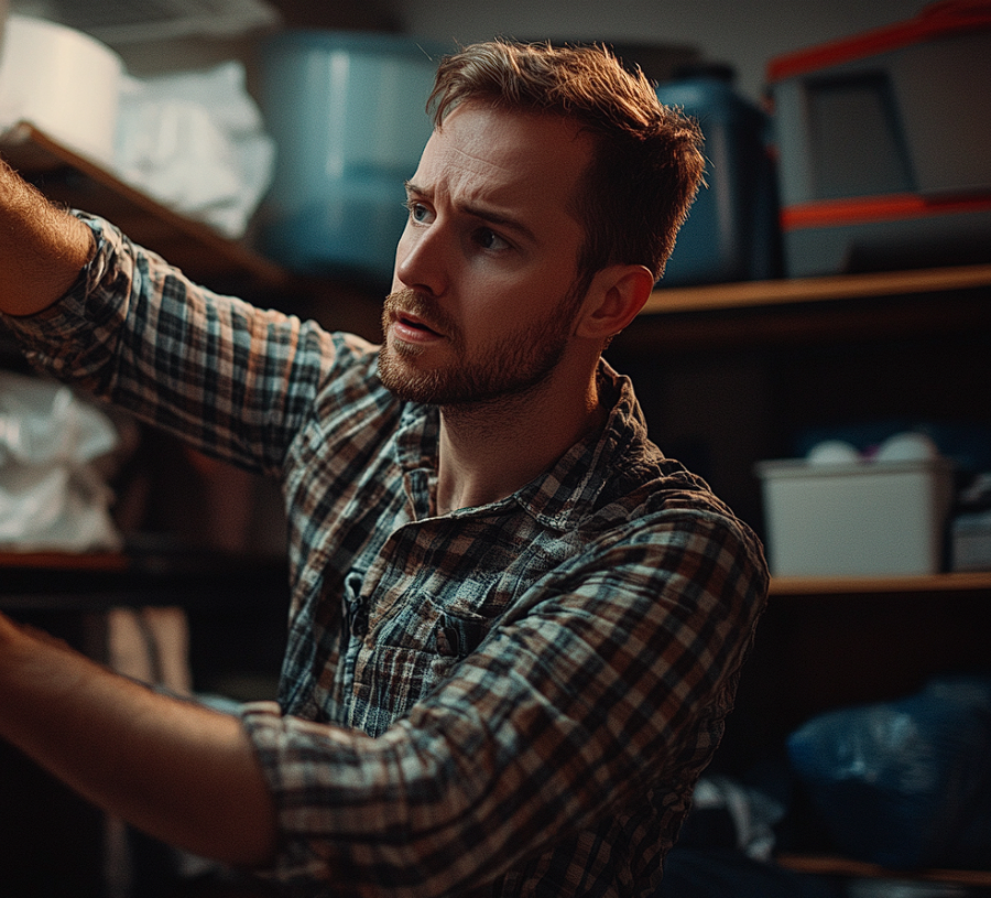 Un homme fouillant dans des cartons entreposés dans un garage | Source : Midjourney