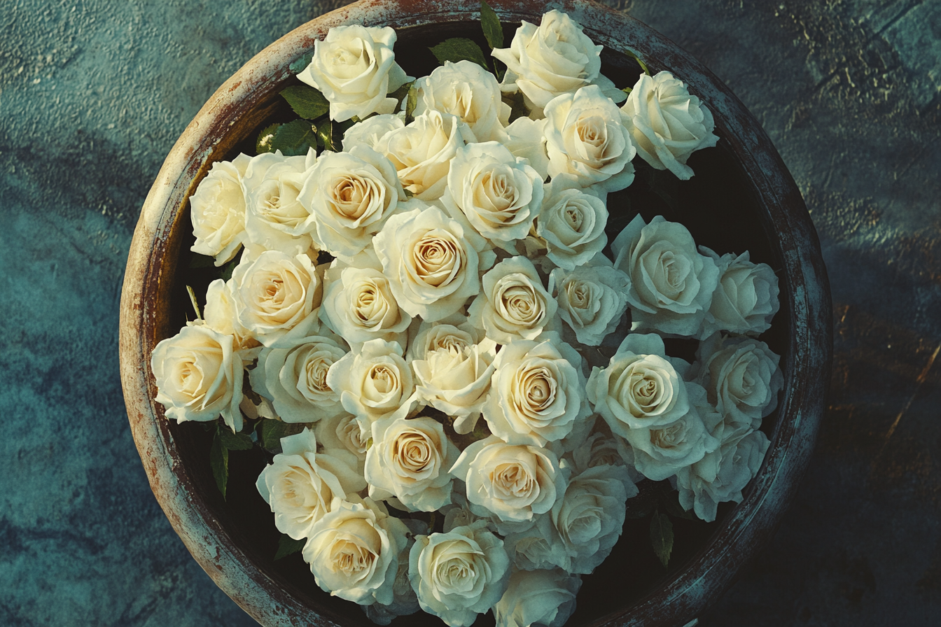 Un bouquet de roses blanches dans une poubelle | Source : Midjourney