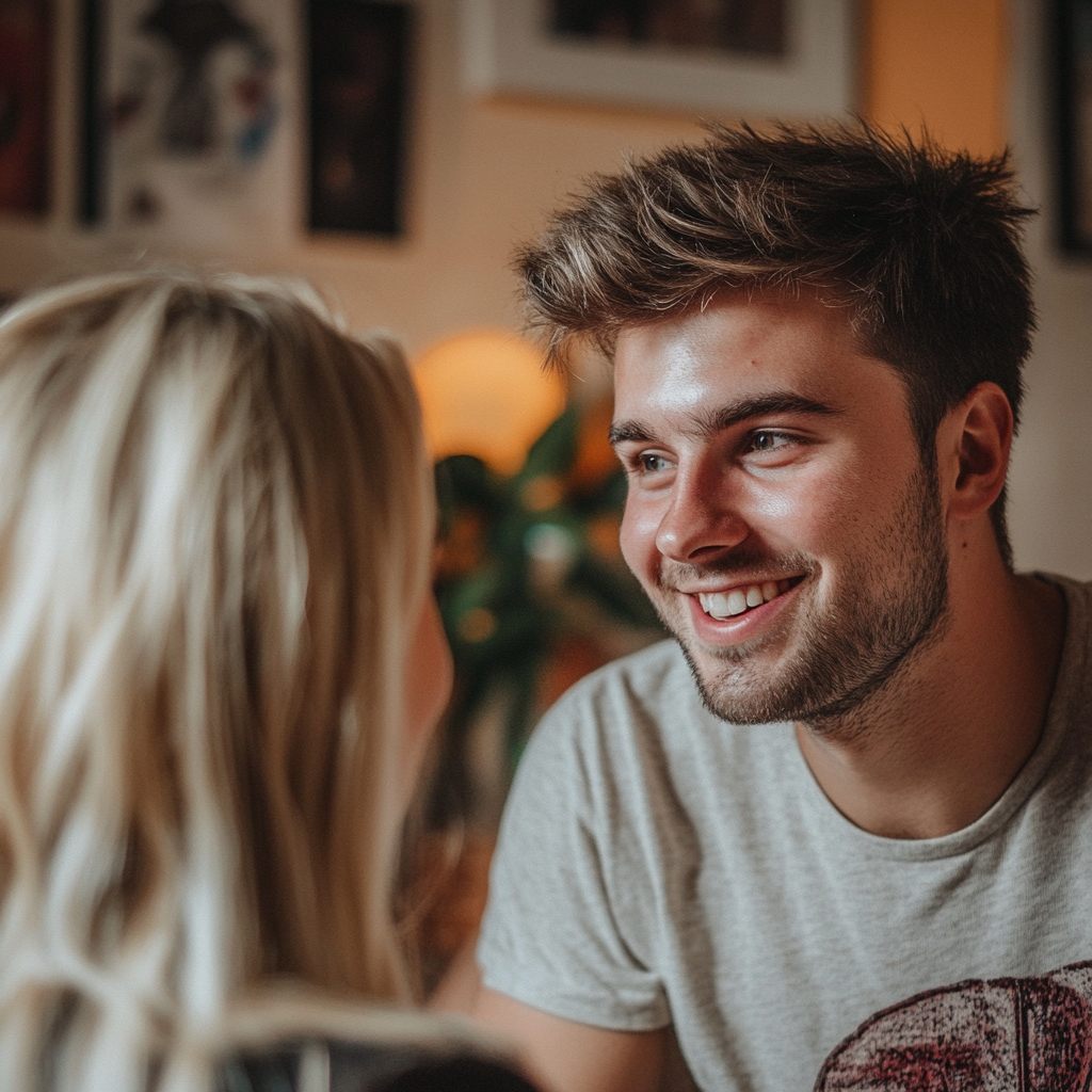 Un homme souriant qui parle à sa femme | Source : Midjourney