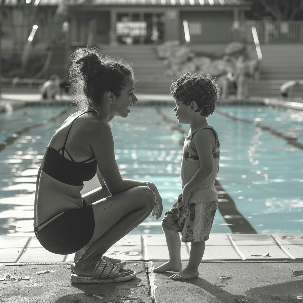 Femme parlant à son fils au bord de la piscine | Source : Midjourney