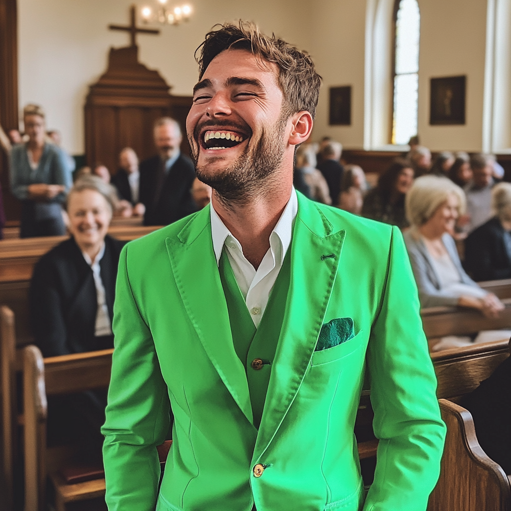 Un homme qui rit dans une église | Source : Midjourney