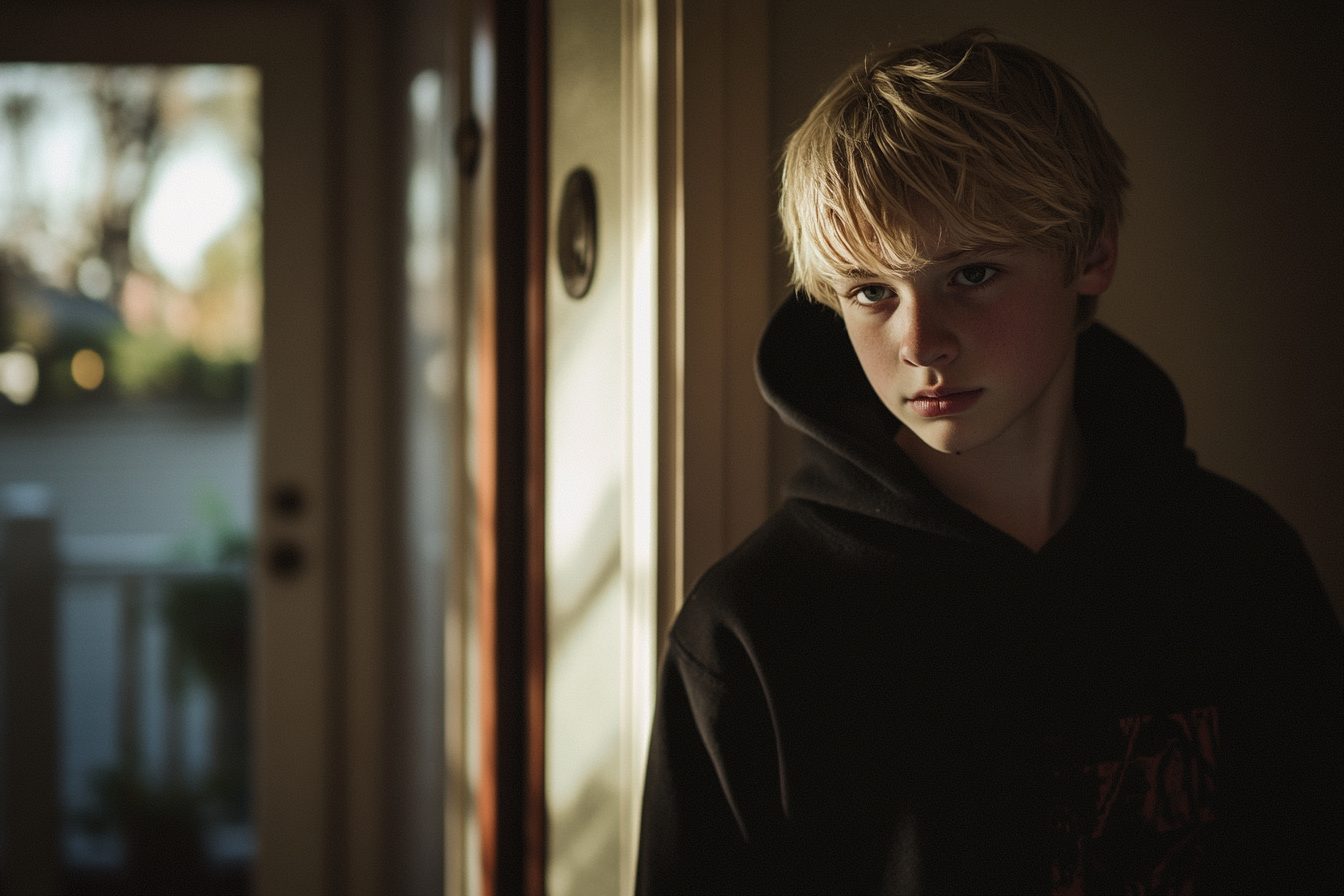 Un adolescent blond qui sort par une porte d'entrée | Source : Midjourney