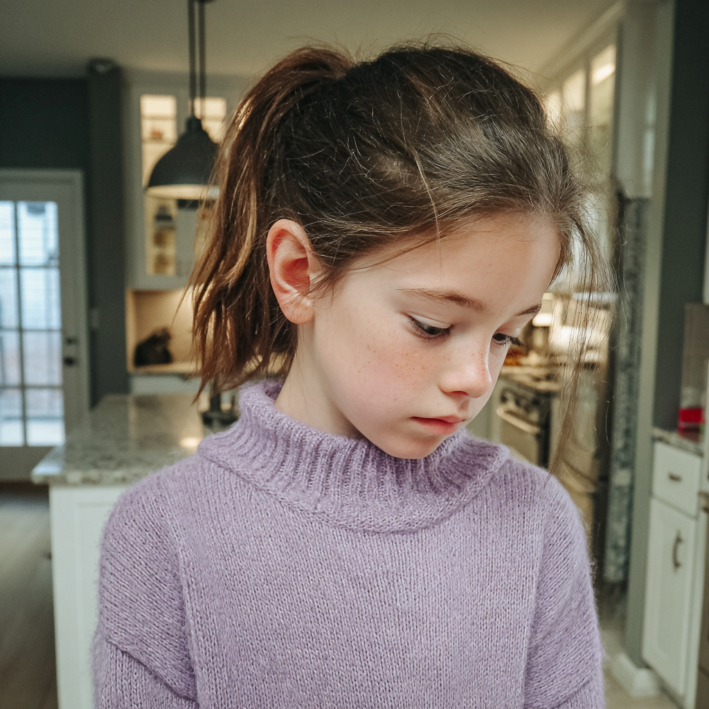 Une petite fille bouleversée portant un pull lilas | Source : Midjourney