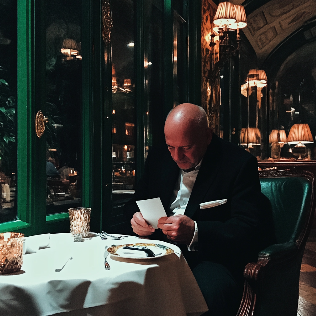 Un homme assis dans un restaurant tenant une feuille de papier | Source : Midjourney