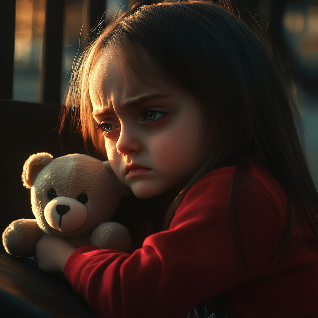 Une petite fille triste tenant un ours en peluche | Source : Midjourney