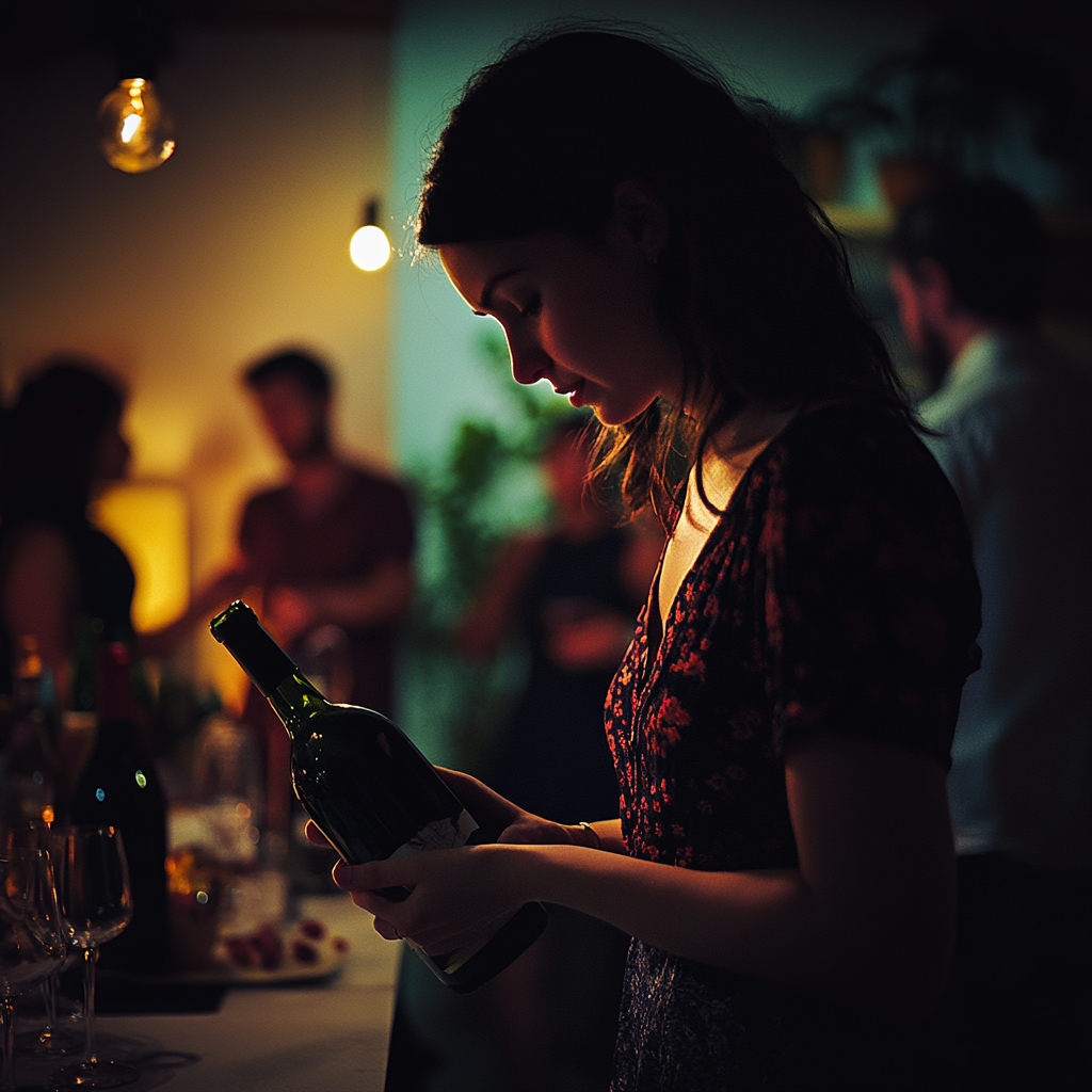 Une femme tenant une bouteille de vin lors d'une fête | Source : Midjourney