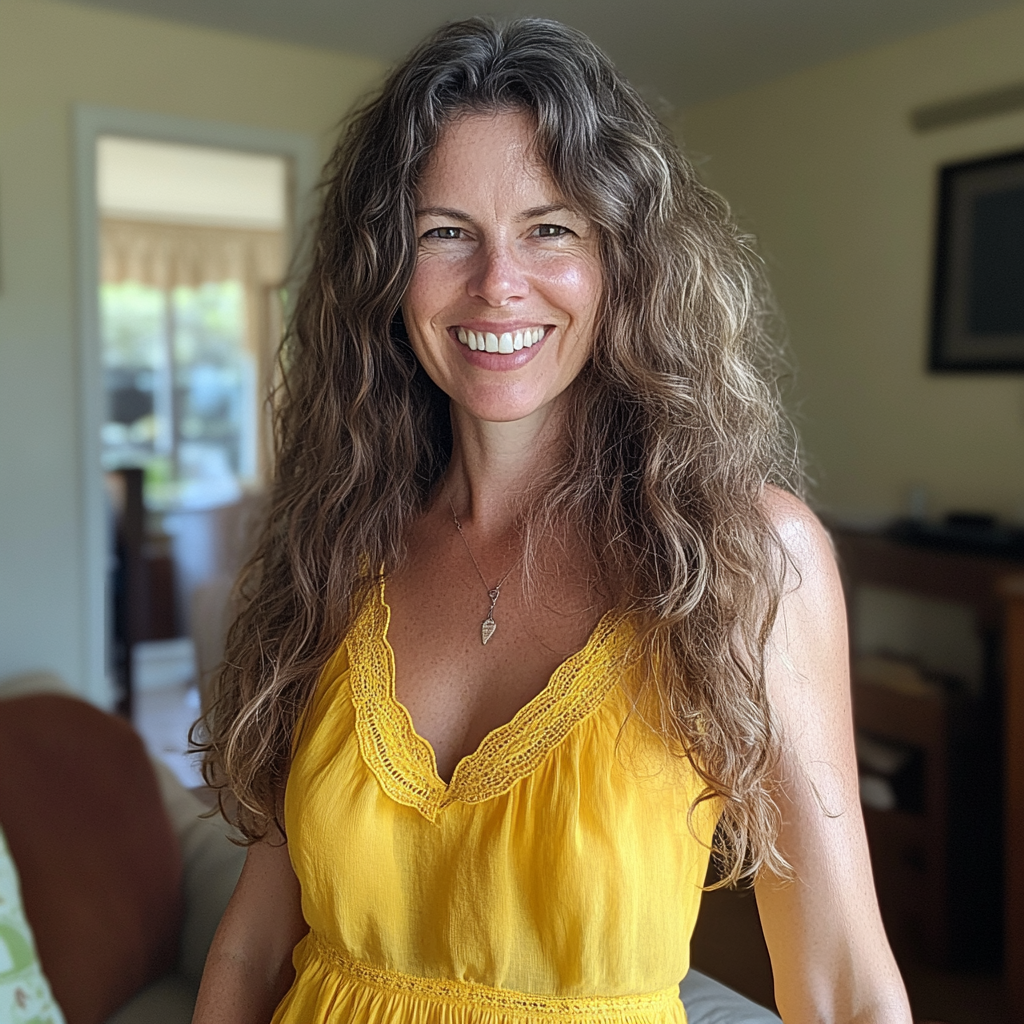 Une femme souriante dans un salon | Source : Midjourney