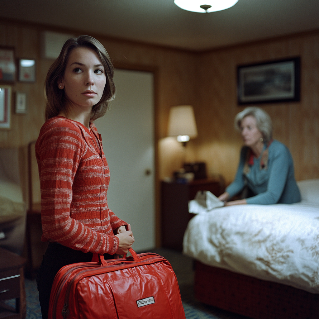 Sarah tient son sac pendant qu'Evelyn la regarde | Source : Midjourney
