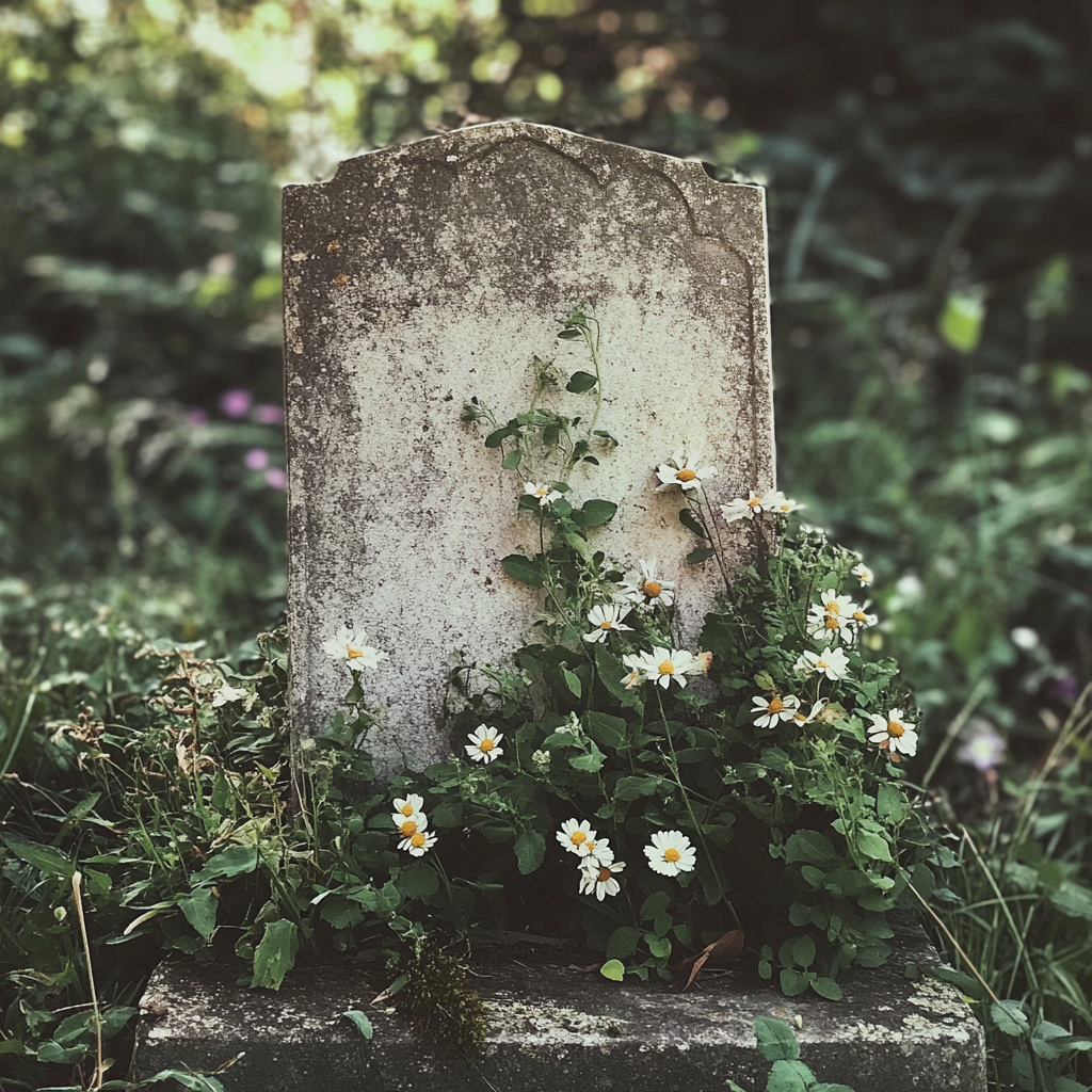 Une pierre tombale autour de laquelle poussent des fleurs sauvages | Source : Midjourney