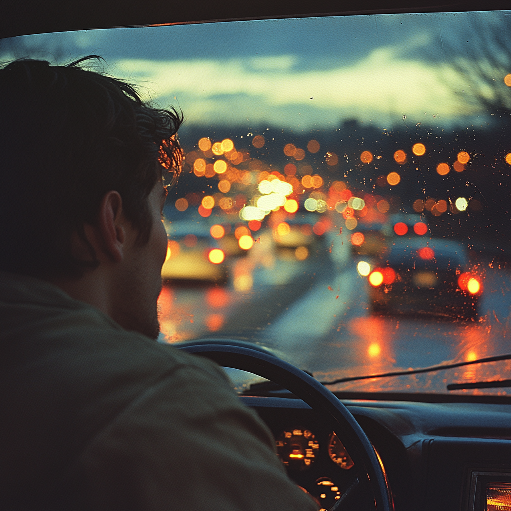 Homme rentrant en voiture dans la soirée | Source : Midjourney