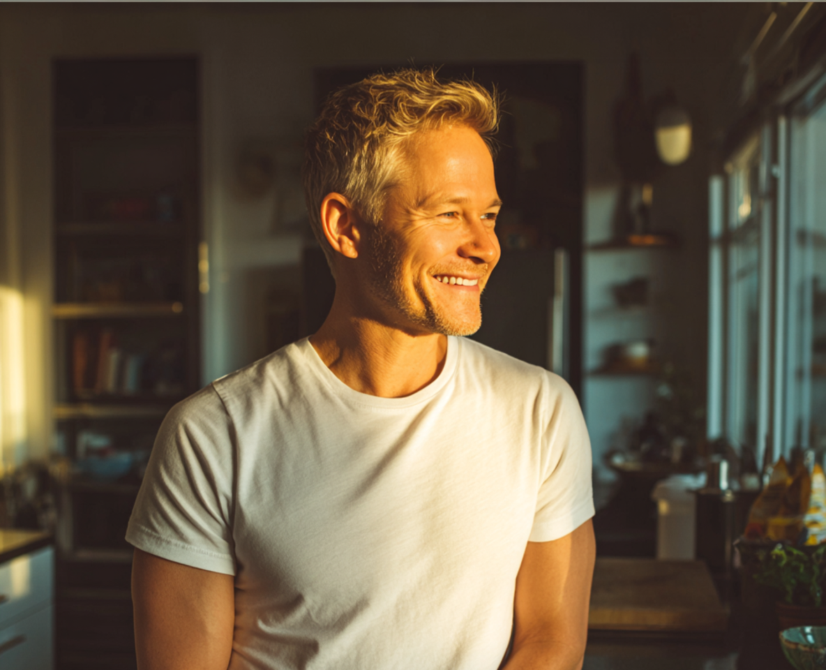 Un homme souriant debout dans une cuisine | Source : Midjourney
