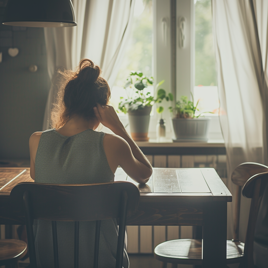 Une femme bouleversée assise à une table | Source : Midjourney