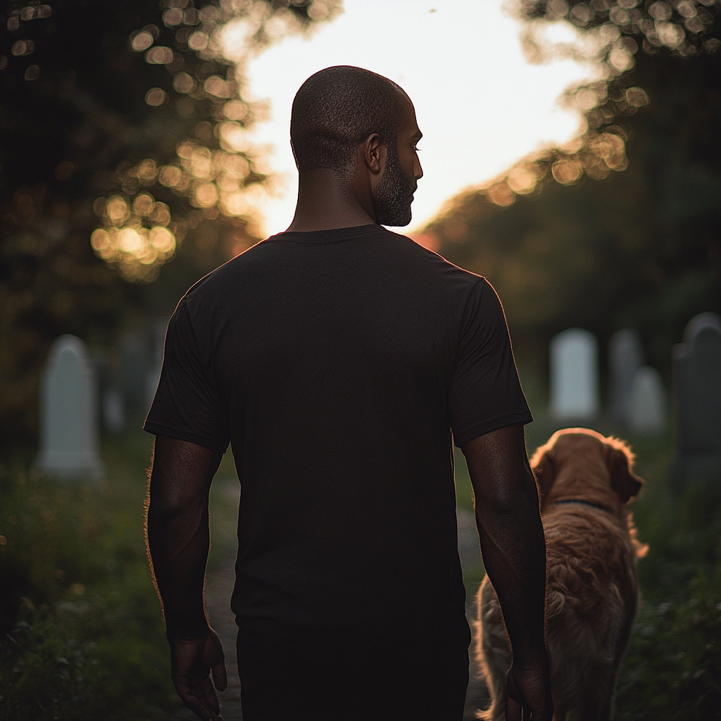 Un homme avec un chien dans un cimetière | Source : Midjourney