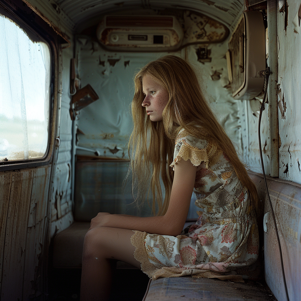 Une fille à l'intérieur d'une caravane délabrée | Source : Midjourney