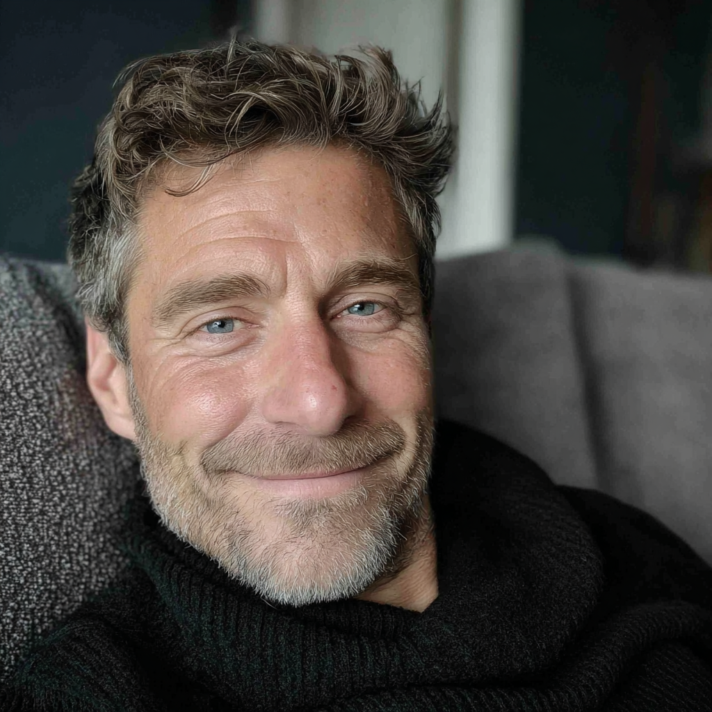 Un homme souriant assis sur un canapé | Source : Midjourney