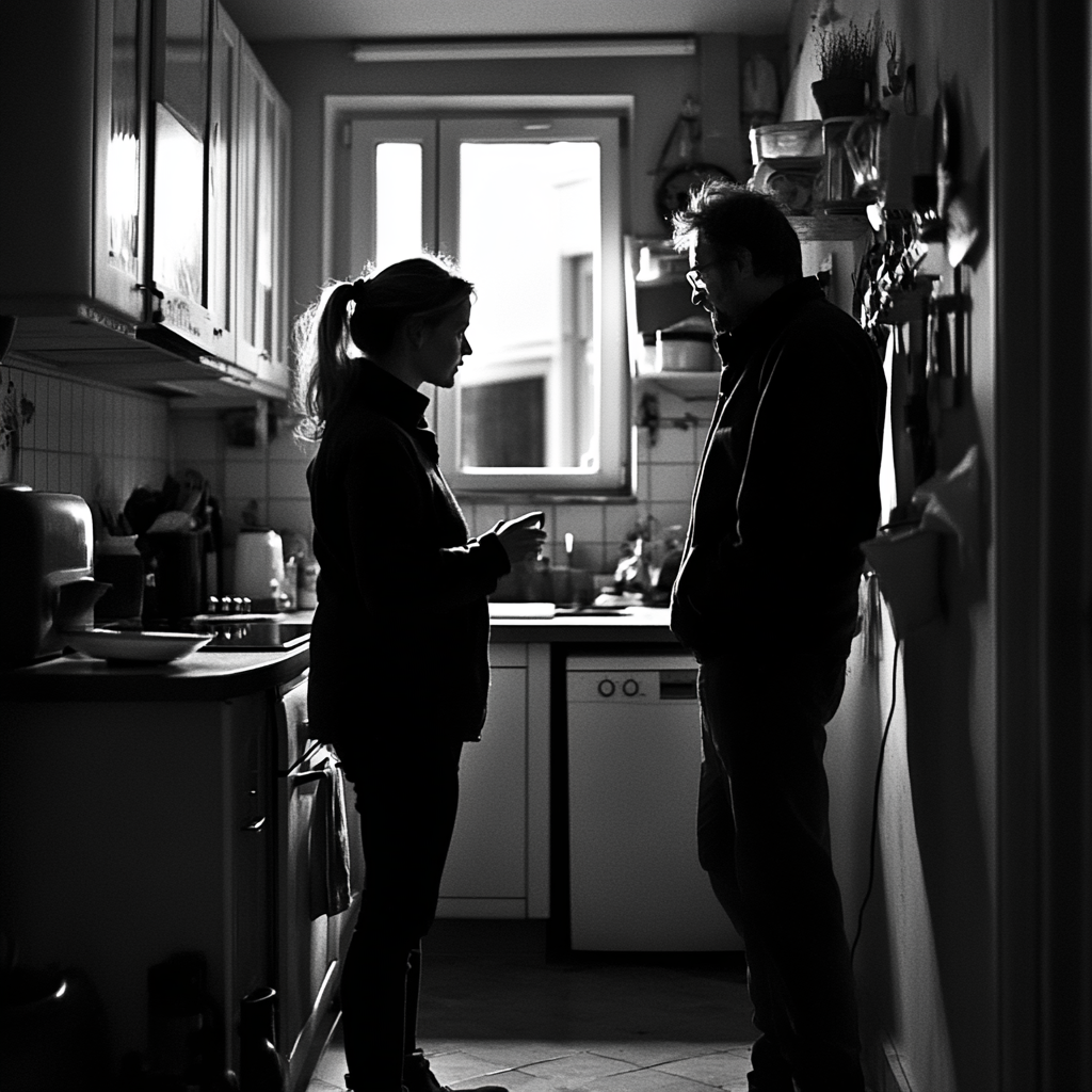 A woman talks to a man in her kitchen | Source: Midjourney