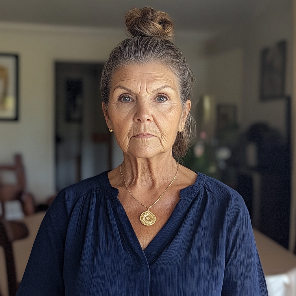Une femme âgée bouleversée debout dans une salle à manger | Source : Midjourney
