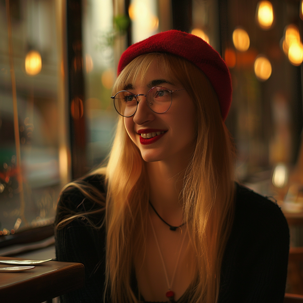 Une femme qui sourit dans un restaurant | Source : Midjourney