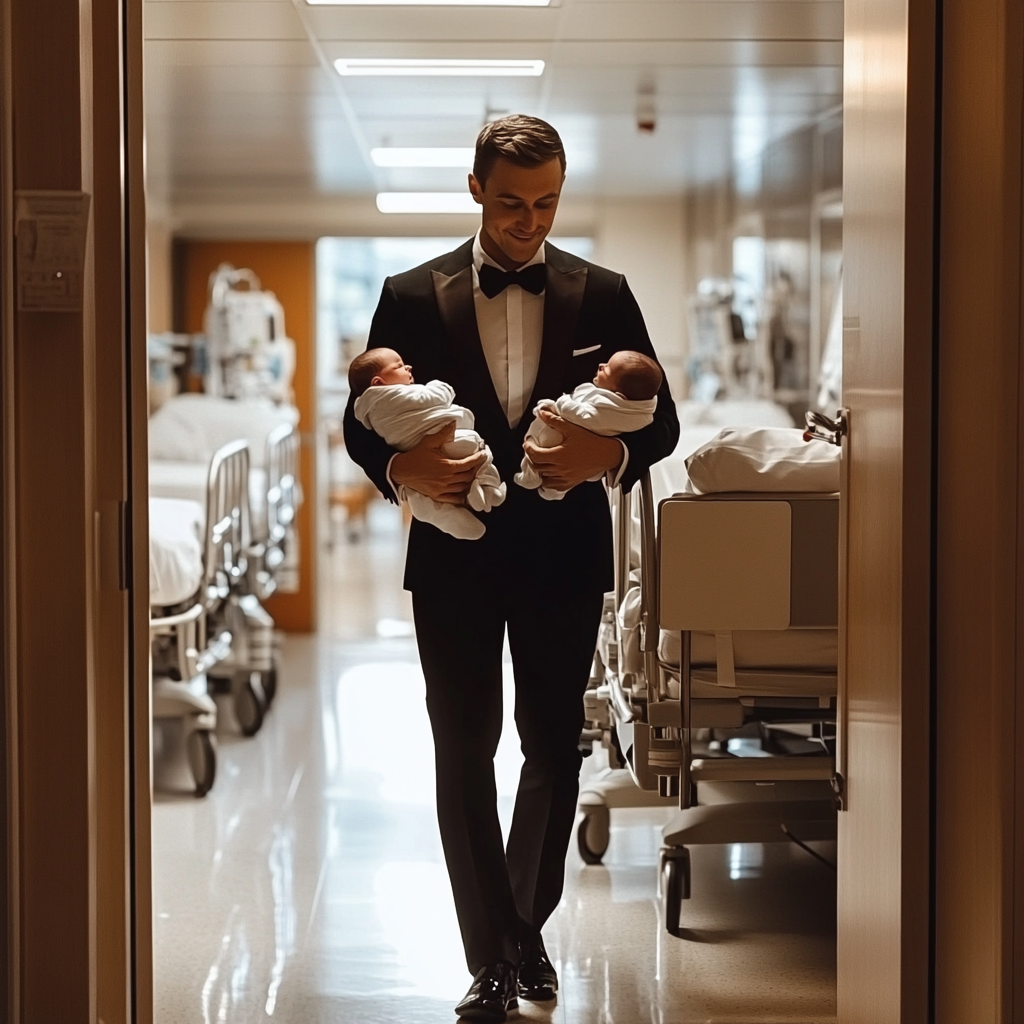 Un homme en costume marchant dans un hôpital | Source : Midjourney