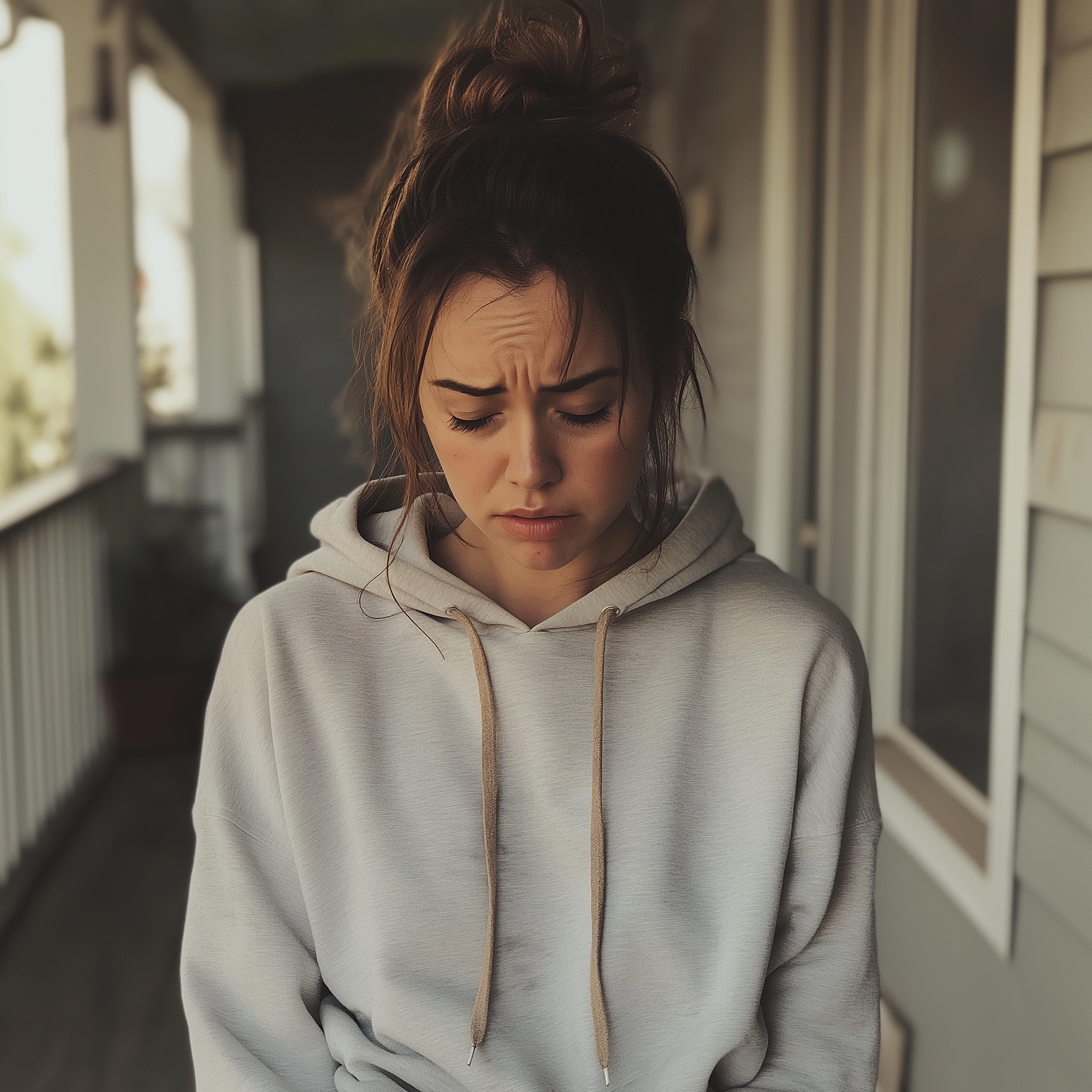 Une femme bouleversée debout sous un porche | Source : Midjourney