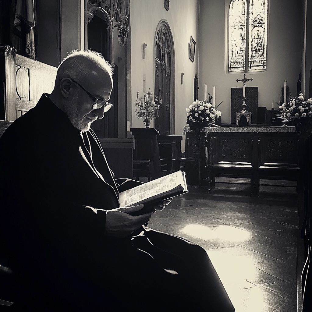 Un prêtre assis dans une église | Source : Midjourney