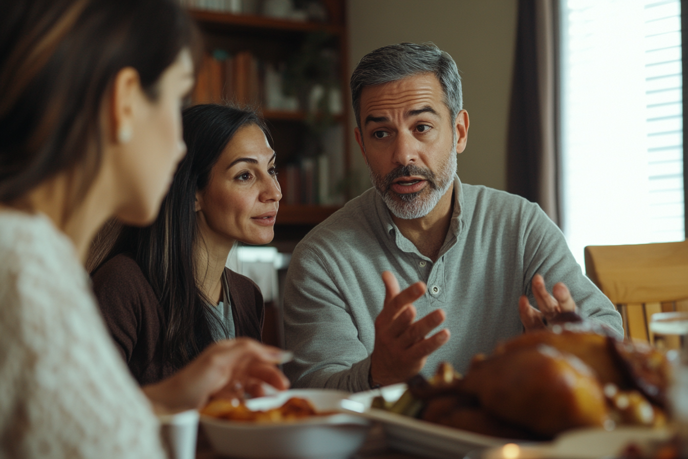 Un homme nerveux qui parle à la table du dîner | Source : Midjourney