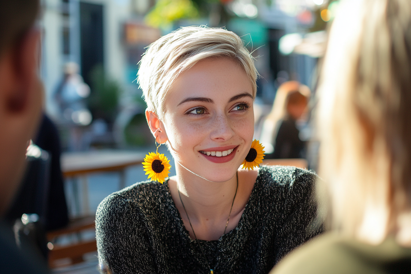 Femme d'une trentaine d'années dans un café en plein air avec un petit sourire en parlant avec des amies | Source : Midjourney