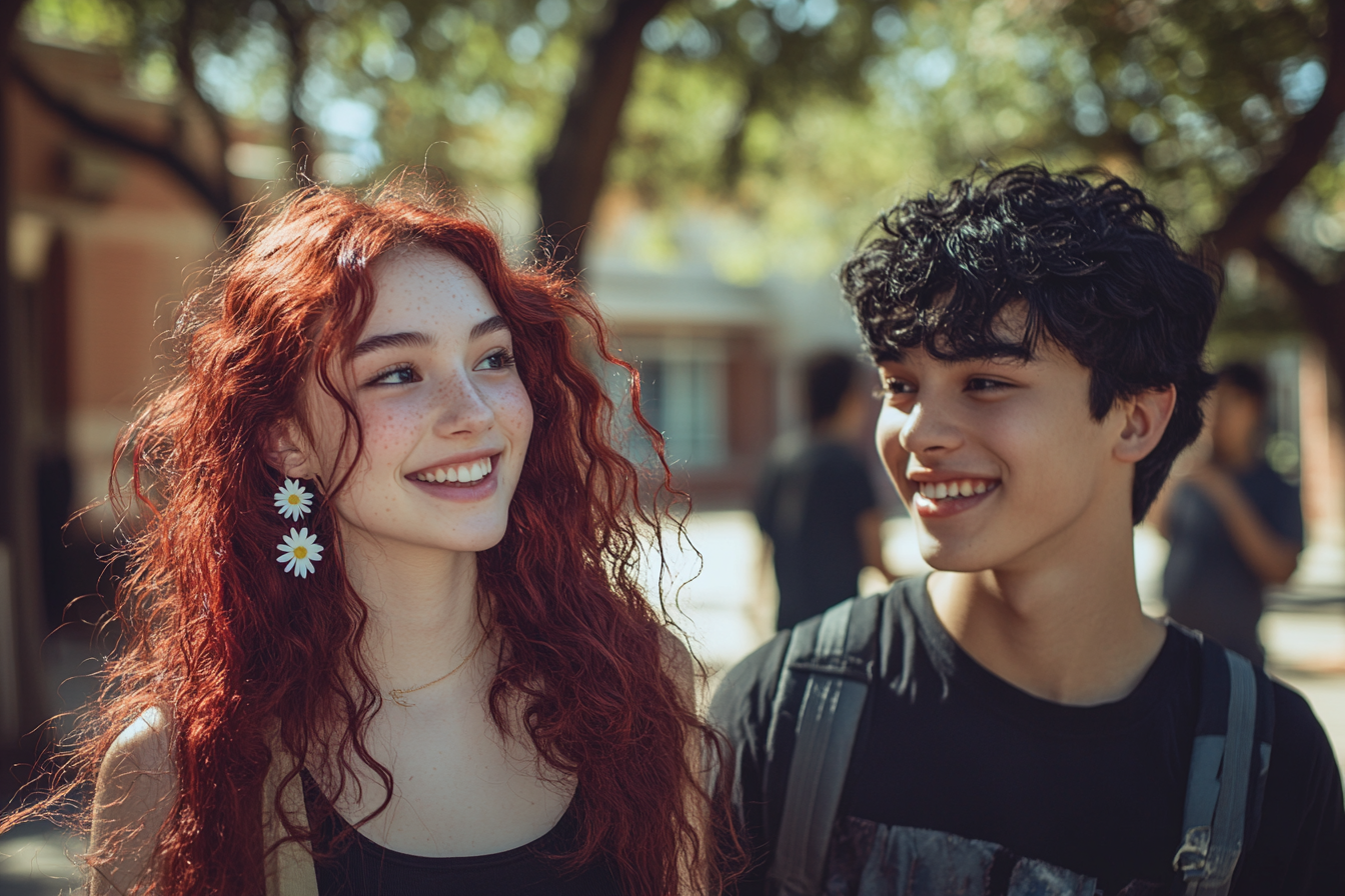 Deux adolescents sourient en se promenant sur la cour d'une école | Source : Midjourney