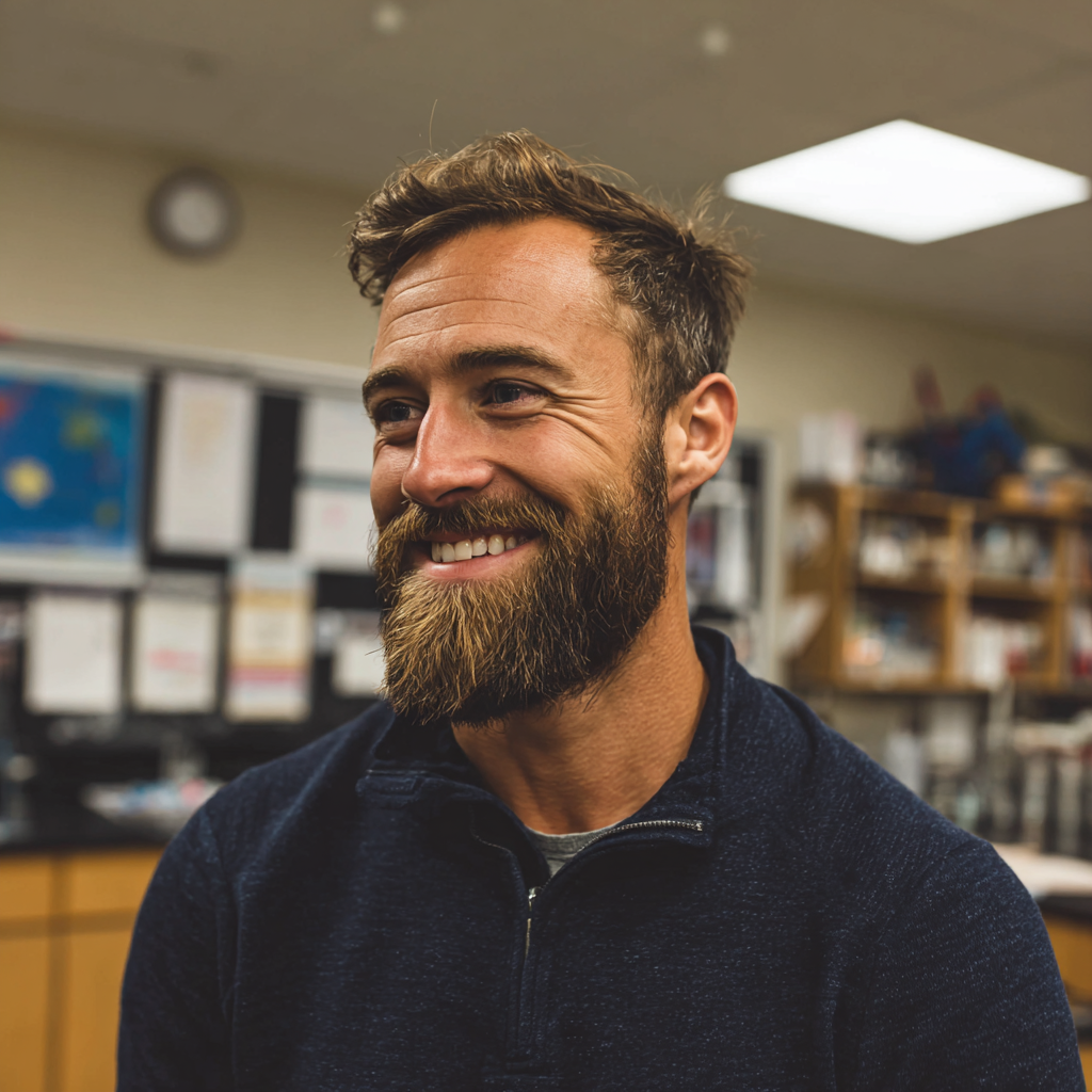 Un homme souriant debout dans une salle de classe | Source : Midjourney